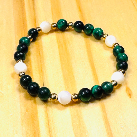 Balance, Courage, Stability, Anxiety, Heart Chakra, Spirituality, Strength, Willpower, Grounding, Green Tiger Eye Stretch Bracelet, 6.5”