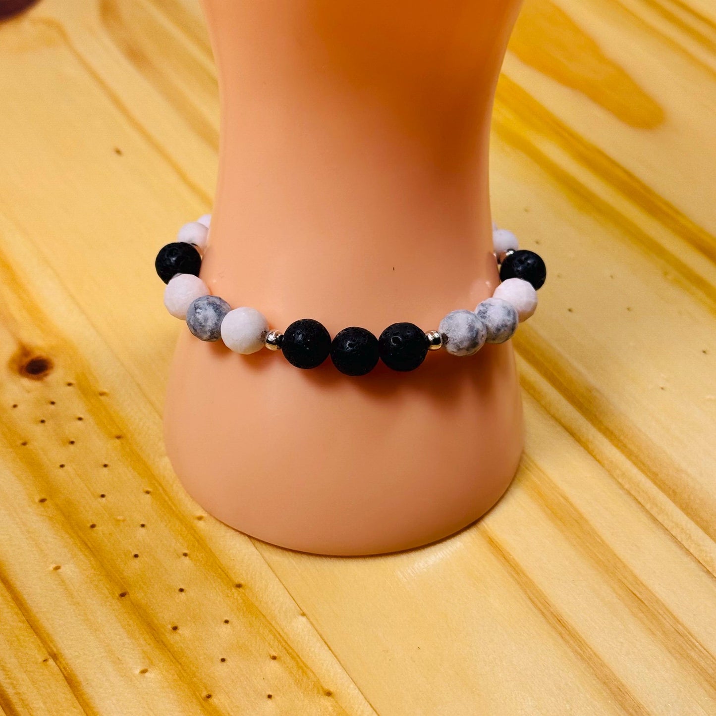 Anxiety Bracelet, Stress Bracelet, Empathy Bracelet, Peace Bracelet, Pink Zebra Jasper Bracelet, Black Lava Bracelet, Essential Oil, 6.5”