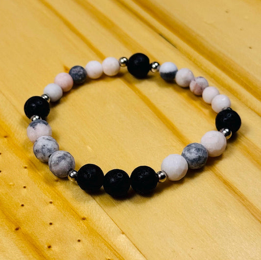 Anxiety Bracelet, Stress Bracelet, Empathy Bracelet, Peace Bracelet, Pink Zebra Jasper Bracelet, Black Lava Bracelet, Essential Oil, 6.5”
