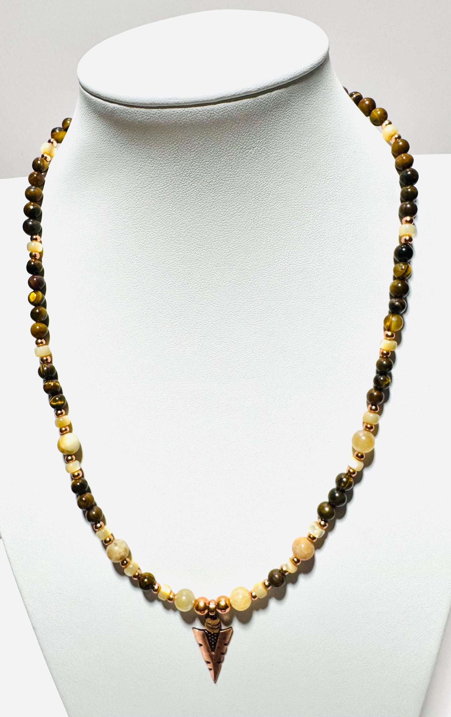 Tiger Eye Pendant Necklace, Arrowhead Pendant Necklace, Minimalist, Boho, Agate Semi Precious Stones, Gift for Her, 21”  Prosperity, Courage