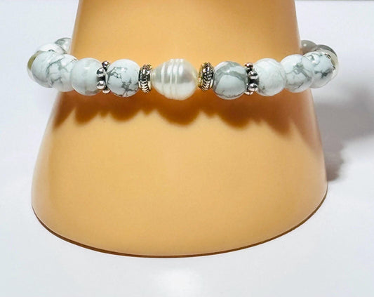 Natural White Howlite Bracelet, Potato Pearl Stretch Bracelet, Boho, Patience, New Beginnings, Resilience, Handmade, Beaded, Gemstones 6 3/4