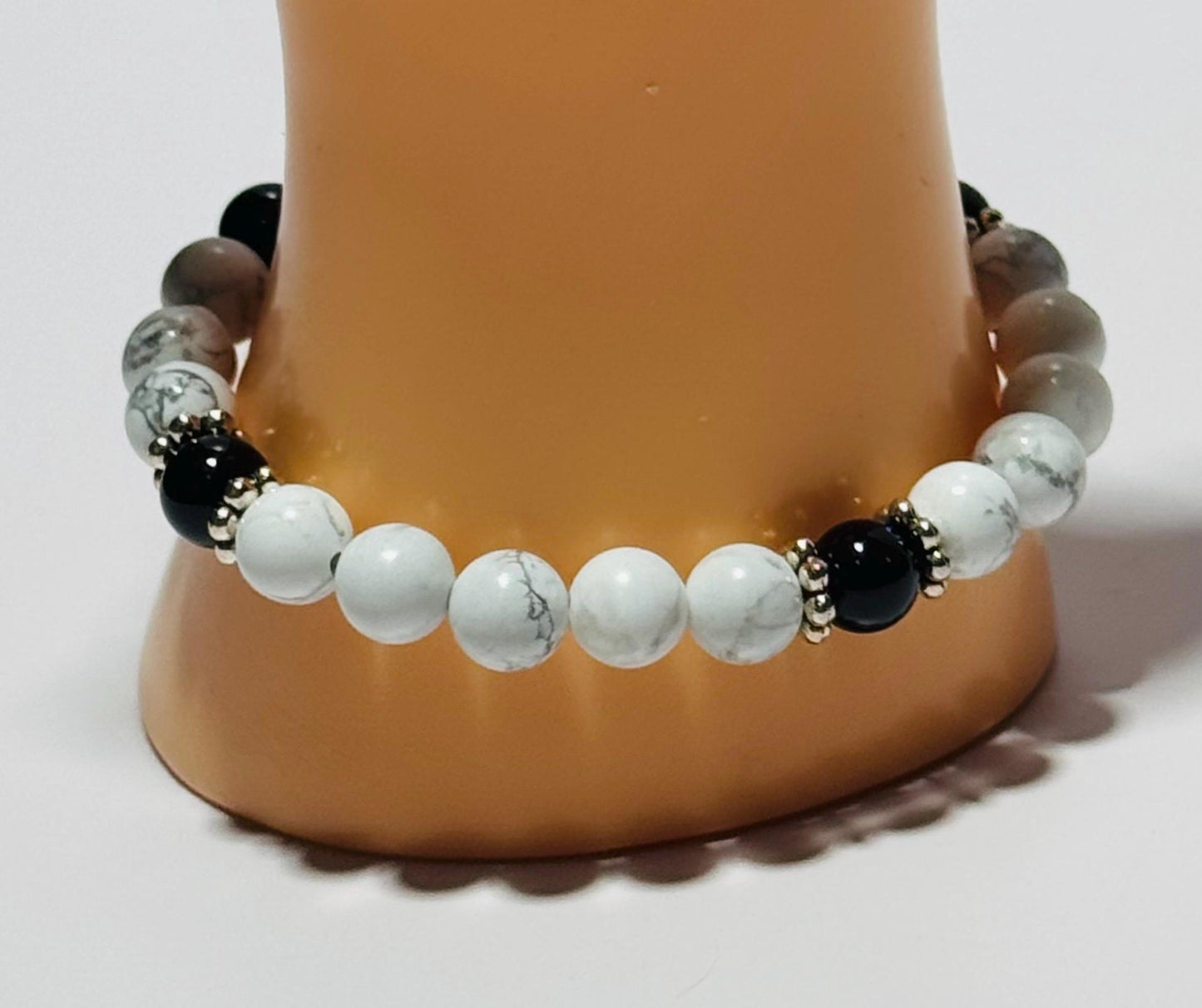 Natural White Howlite, Black Onyx & Potato Pearl 6 3/4” Stretch Bracelet Clarity, Patience, New Beginnings Handmade Beaded Gemstones