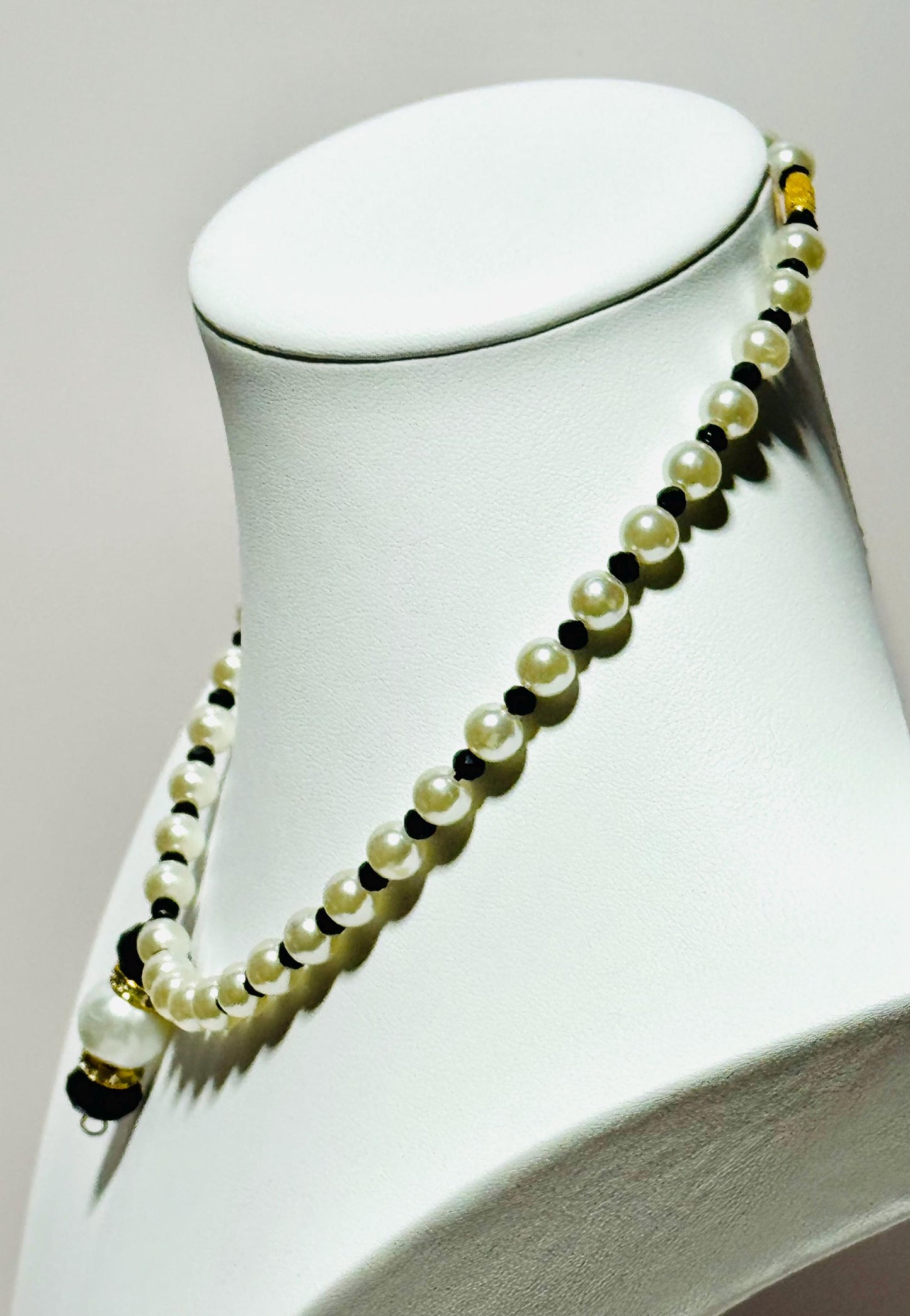 Beaded Pendant Necklace, Pearl Choker Pendant Necklace, Large Pearl & Faceted Black Beads Pendant, Rhinestone Rondelles, 17”, Gift for Her