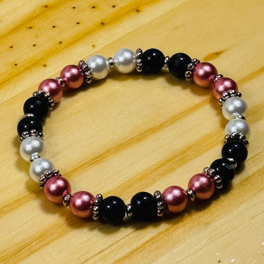 Black Onyx Stretch Bracelet, Pearl Stretch Bracelet, Minimalist, Boho, Beaded, Handmade, Strength, Confidence, New Beginning, Resilience, 7”