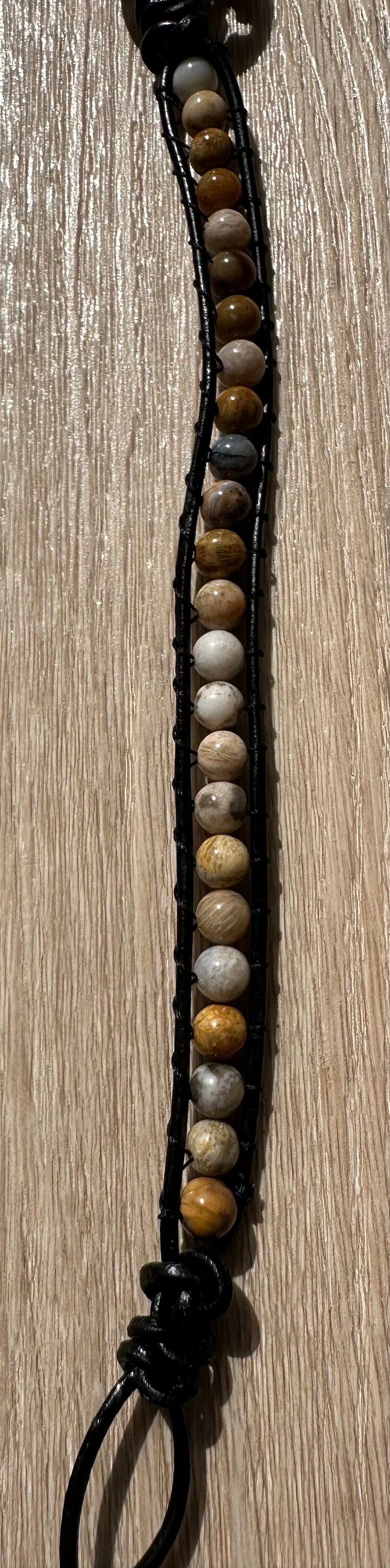 Crazy Lace Agate Bracelet, Black Leather Bracelet, Agate Bracelet, Boho, Minimalist, Snake Knots, Metal Flower Button Closure, Joy 7.5”