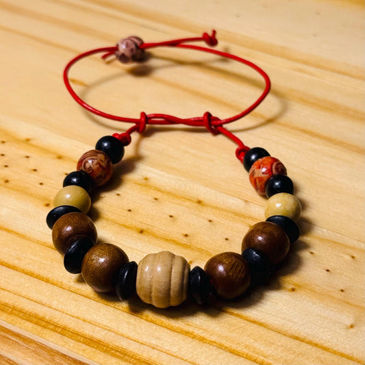 Adjustable Wood Bracelet, Wood Biker Bracelet, Wood Motorcycle Bracelet, Minimalist, Red Leather Cord 6” - 9 1/2”