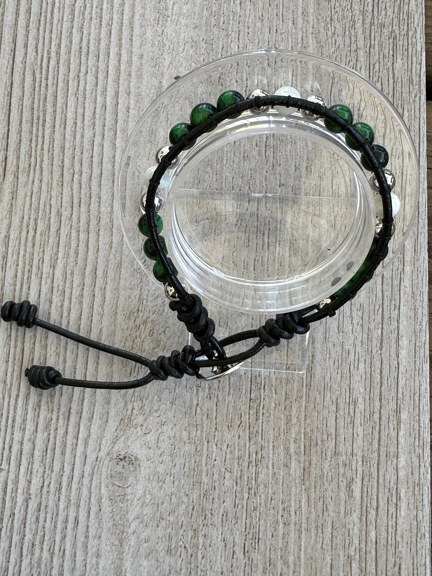 White Mother of Pearl Leather Wrap Bracelet, Boho, Green Tiger Eye Leather Bracelet, Beaded, 7 3/4”-8”  Prosperity