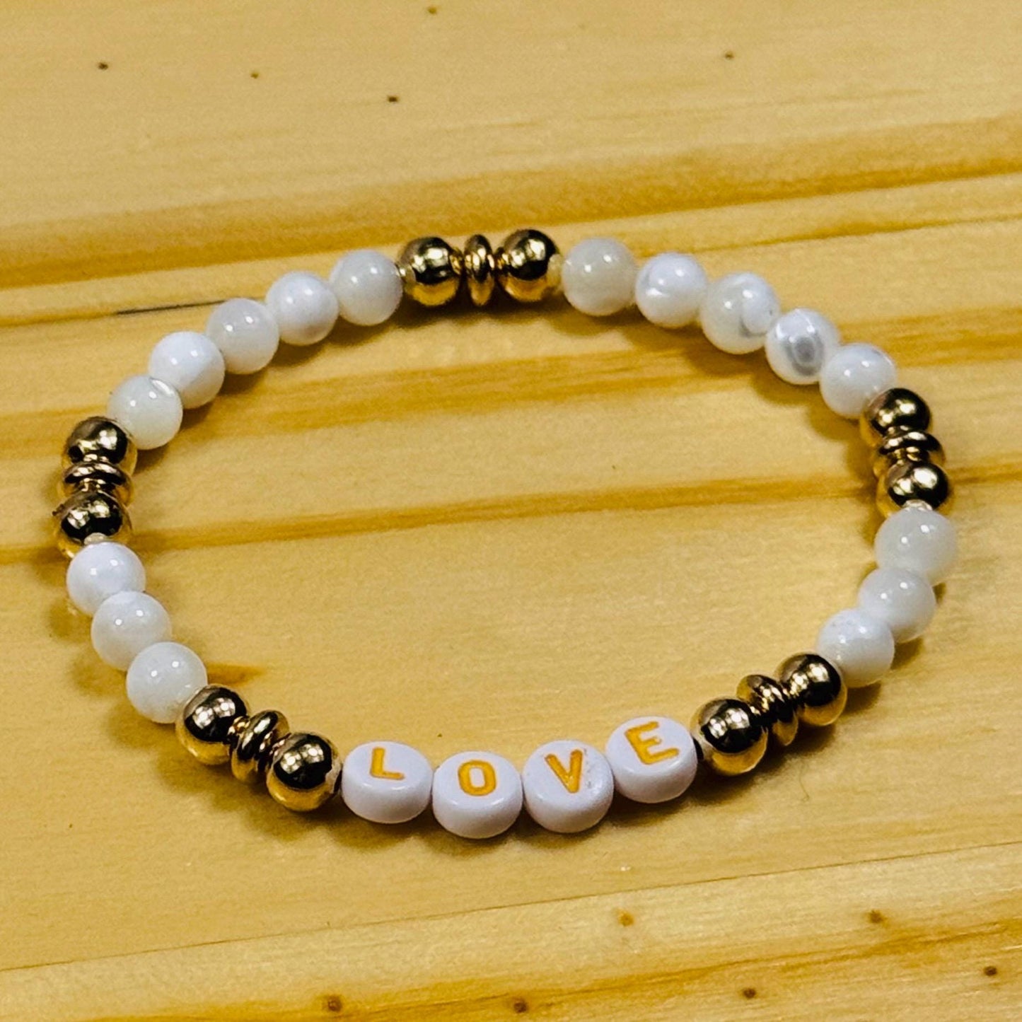 Love Charm Stretch Bracelet, Mother of Pearl Bracelet, Boho, Stacking, Prosperity Intuition Imagination Handmade Beaded Holiday Gift 7”