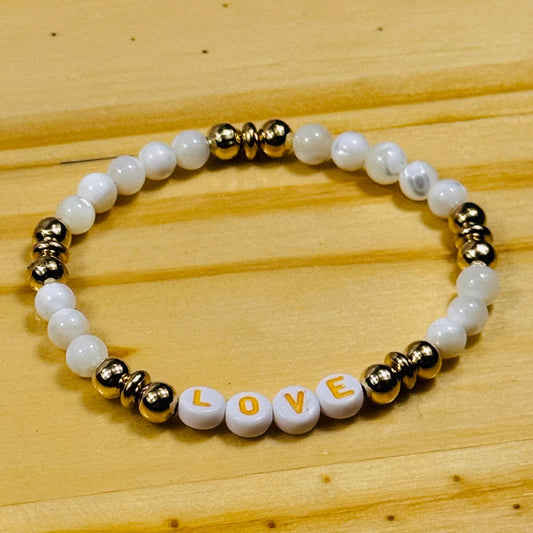 Love Charm Stretch Bracelet, Mother of Pearl Bracelet, Boho, Stacking, Prosperity Intuition Imagination Handmade Beaded Holiday Gift 7”