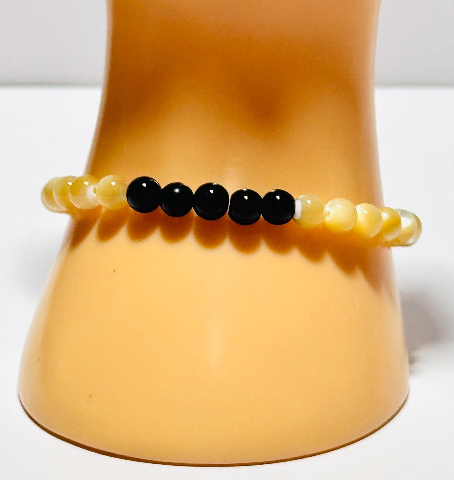 Perseverance, Love, Healing, Peace, Anxiety, Heart Chakra, Mother of Pearl Stretch Bracelet, Black Onyx Bracelet, Boho, Minimalist, 6.75”