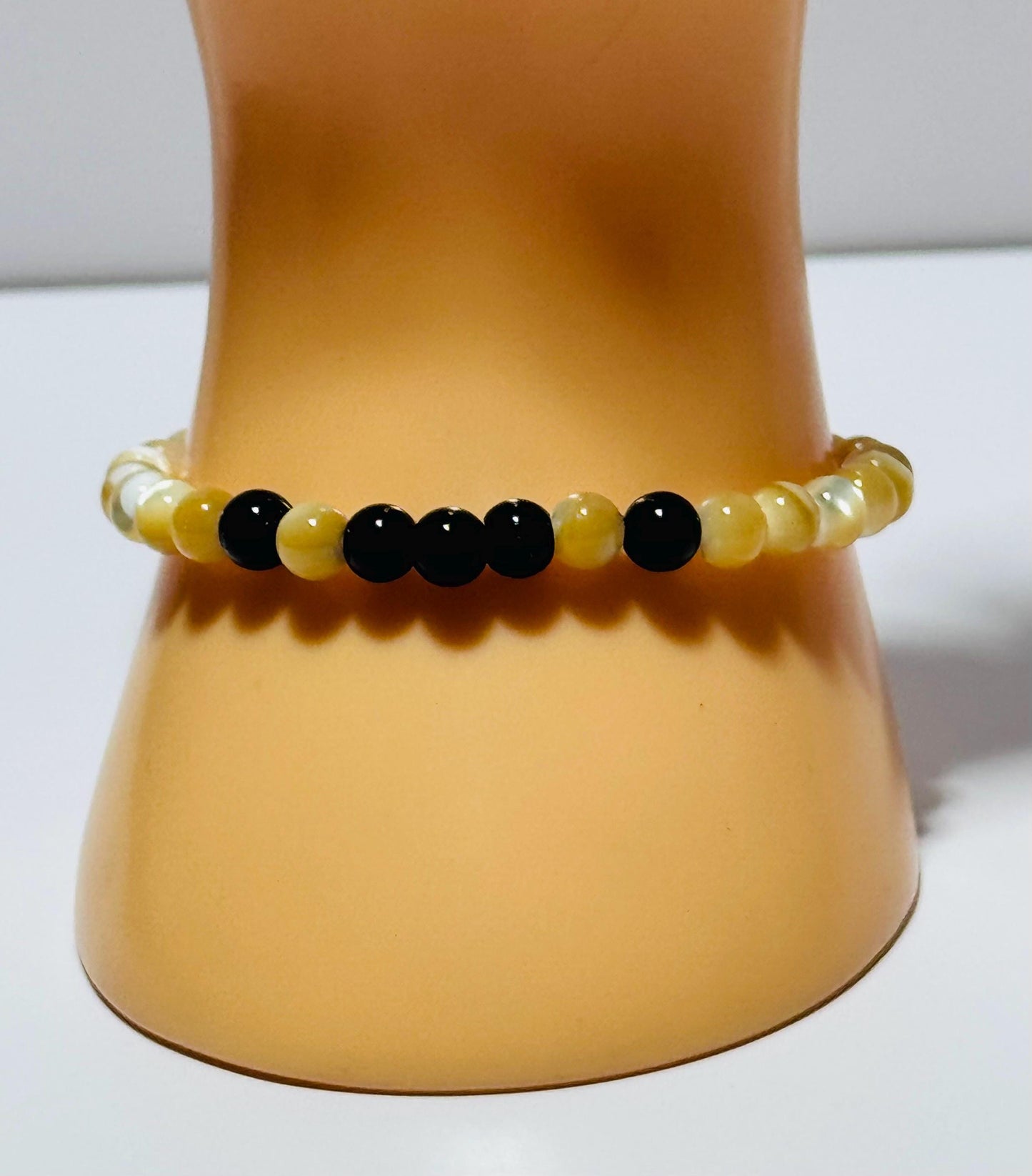 Prosperity, Perseverance, Spiritual, Anxiety, Healing, Peace, Love, Heart Chakra, Mother of Pearl Stretch Bracelet, Black Onyx Bracelet 6.5”