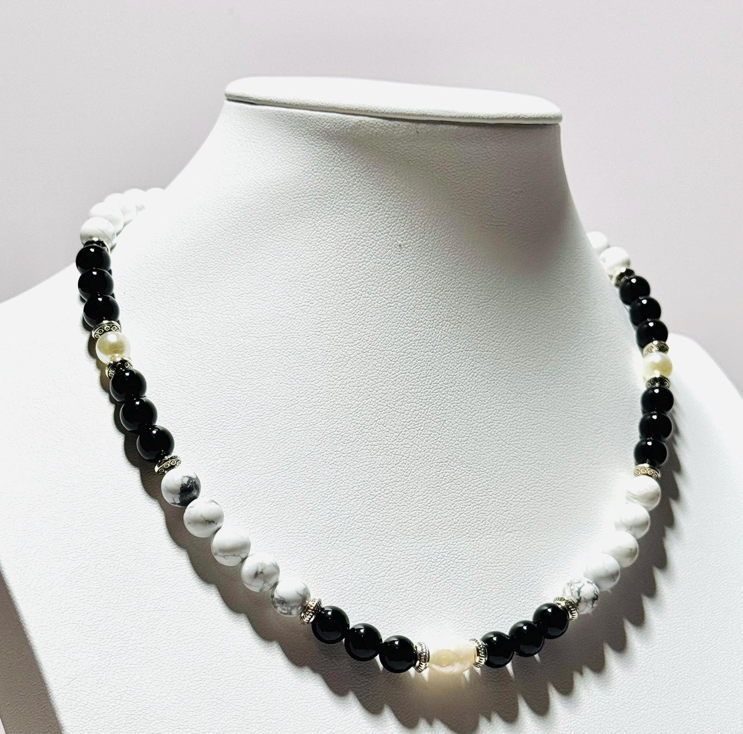 Natural Howlite Necklace, Minimalist, Black Onyx, Pearl Necklace, Handmade, Beaded, Gemstone, Gift for Her, 18” New Beginnings, Clarity