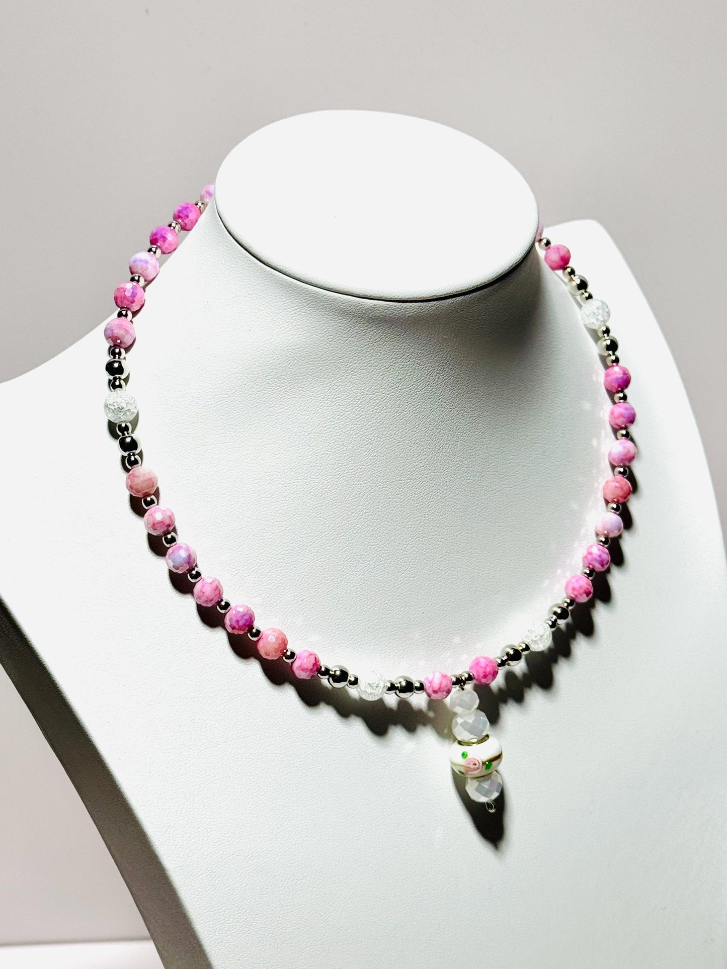 Beaded Pendant Necklace, Pink Choker Pendant Necklace, Rose Lamp Work Bead Pendant with Faceted White Glass Beads, 17”, Gift for Women