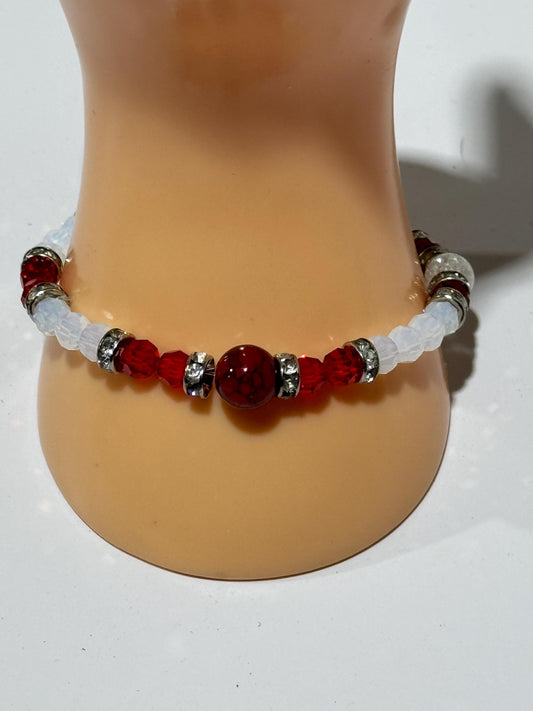 Rhinestone Red Quartzite Bracelet, Stretch Bracelet Handmade Beaded Bracelet, Red & White Faceted Glass Beads - Stacking, Boho, 7 1/2” Gift