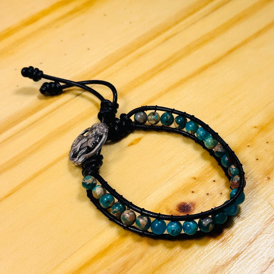 Peace, Tranquility, Spiritual Growth, Strength, Healing, Root & Heart Chakras, Imperial Jasper Leather Bracelet, Button Closure, 7” - 7.5”