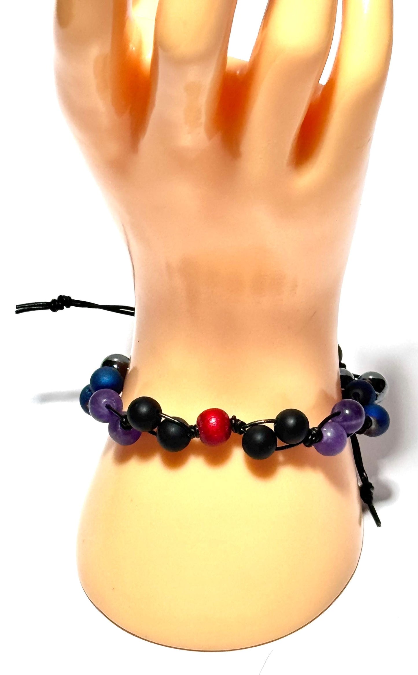 Adjustable Biker Motorcycle Bracelet, Leather Cord, Stone & Wood Beads Adjustable, Red Black Smoke Purple. 6.5” - 9.5”