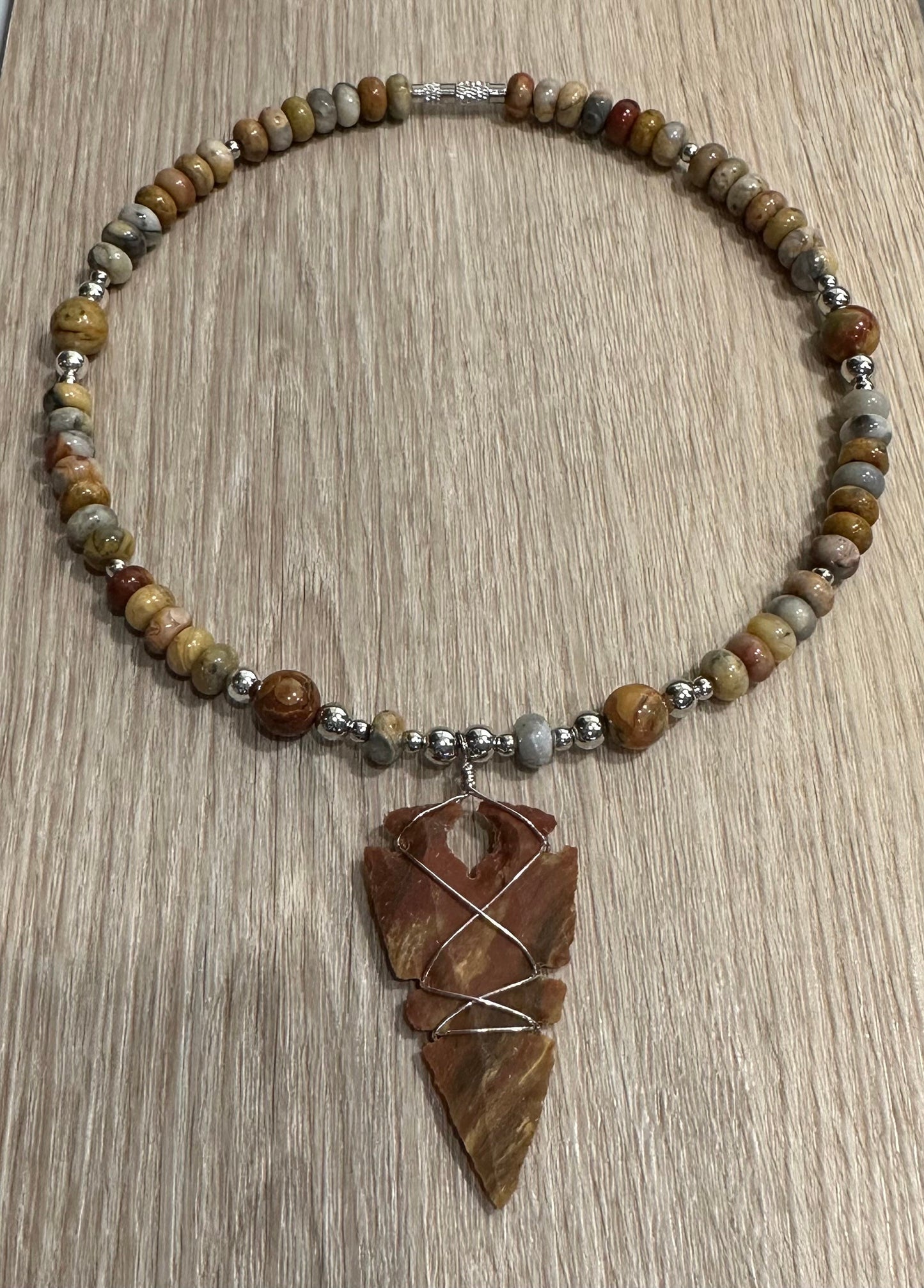 Beaded Pendant Necklace, Gemstone Necklace, Choker Necklace, Flint Arrowhead Pendant, Gift for Her, Agate, 17”, Encouragement