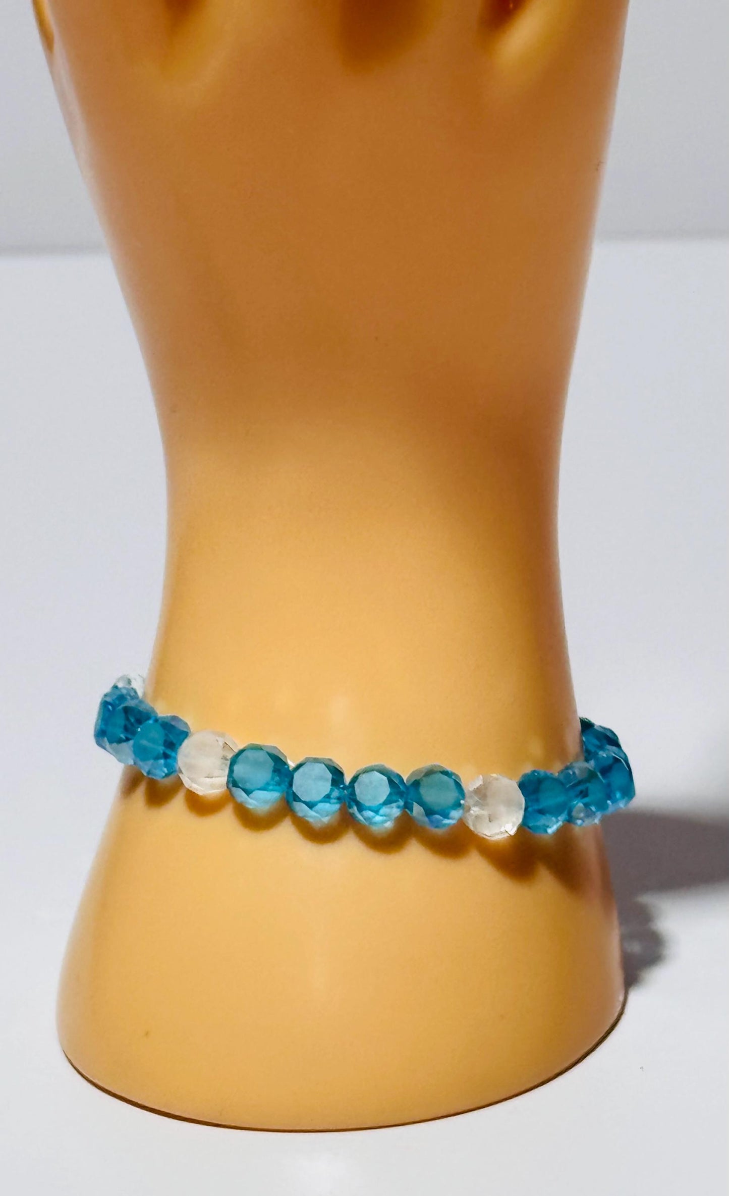 Light Blue Faceted Crystal Bead Bracelet, Clear Faceted Crystal Bead Bracelet, Stretch Bracelet, Boho Bracelet, Minimalist, Gift, 6.5”