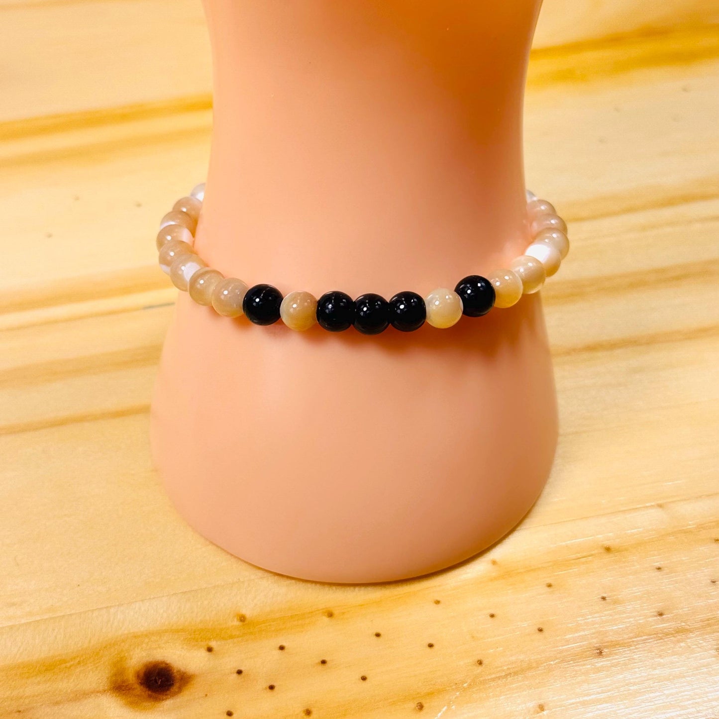 Prosperity, Perseverance, Spiritual, Anxiety, Healing, Peace, Love, Heart Chakra, Mother of Pearl Stretch Bracelet, Black Onyx Bracelet 6.5”