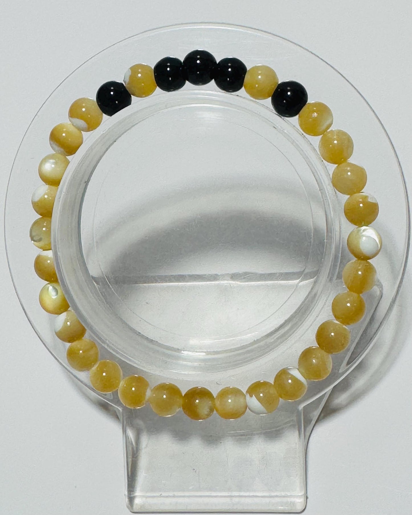 Prosperity, Perseverance, Spiritual, Anxiety, Healing, Peace, Love, Heart Chakra, Mother of Pearl Stretch Bracelet, Black Onyx Bracelet 6.5”