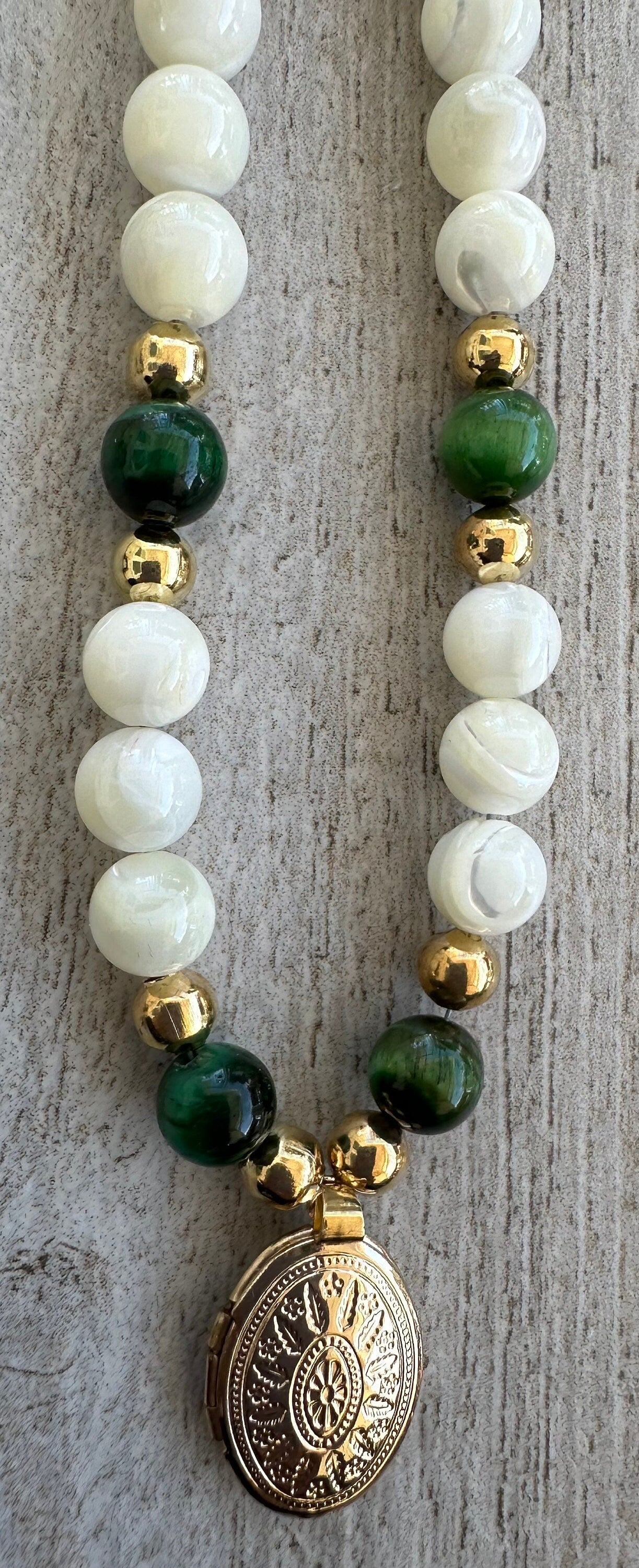 Mother of Pearl Pendant Necklace, Chunky, Boho, Locket Pendant, Gemstone Necklace, Gift for Her, Green Tiger Eye, Prosperity,  Courage, 26”