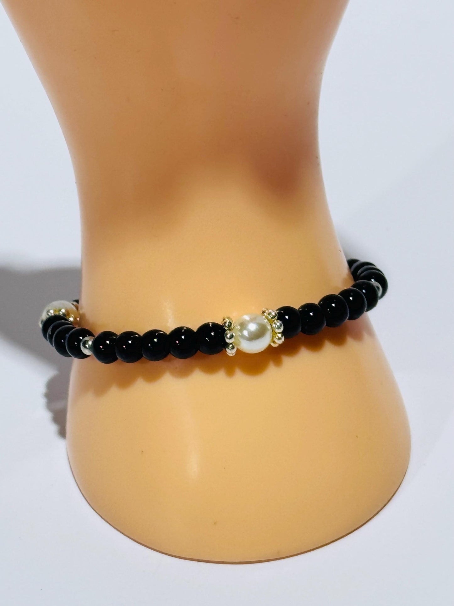 Black Onyx Bracelet, Stretch, Pearl Stretch Bracelet, Dainty, Boho, Gift, 7”, Beaded, Handmade, Confidence New Beginnings Resilience