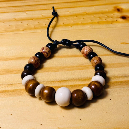 Adjustable Wood Bracelet, Wood Biker Bracelet, Bone Bracelet, Motorcycle Bracelet, Leather Bracelet, Boho Bracelet, Leather Cord 6.5”-8.5”
