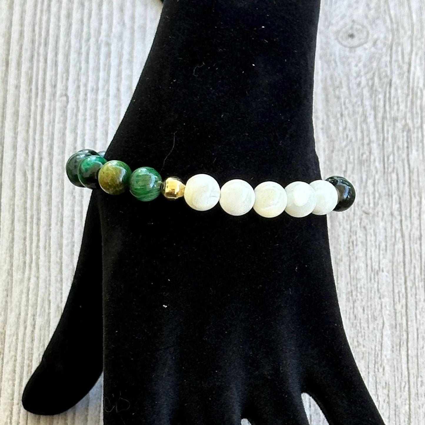 Peace, Love, Anxiety, Spiritual Growth, Balance, Heart Chakra, Stability, Courage, Strength, Green Tiger Eye Stretch Bracelet, 6.5”