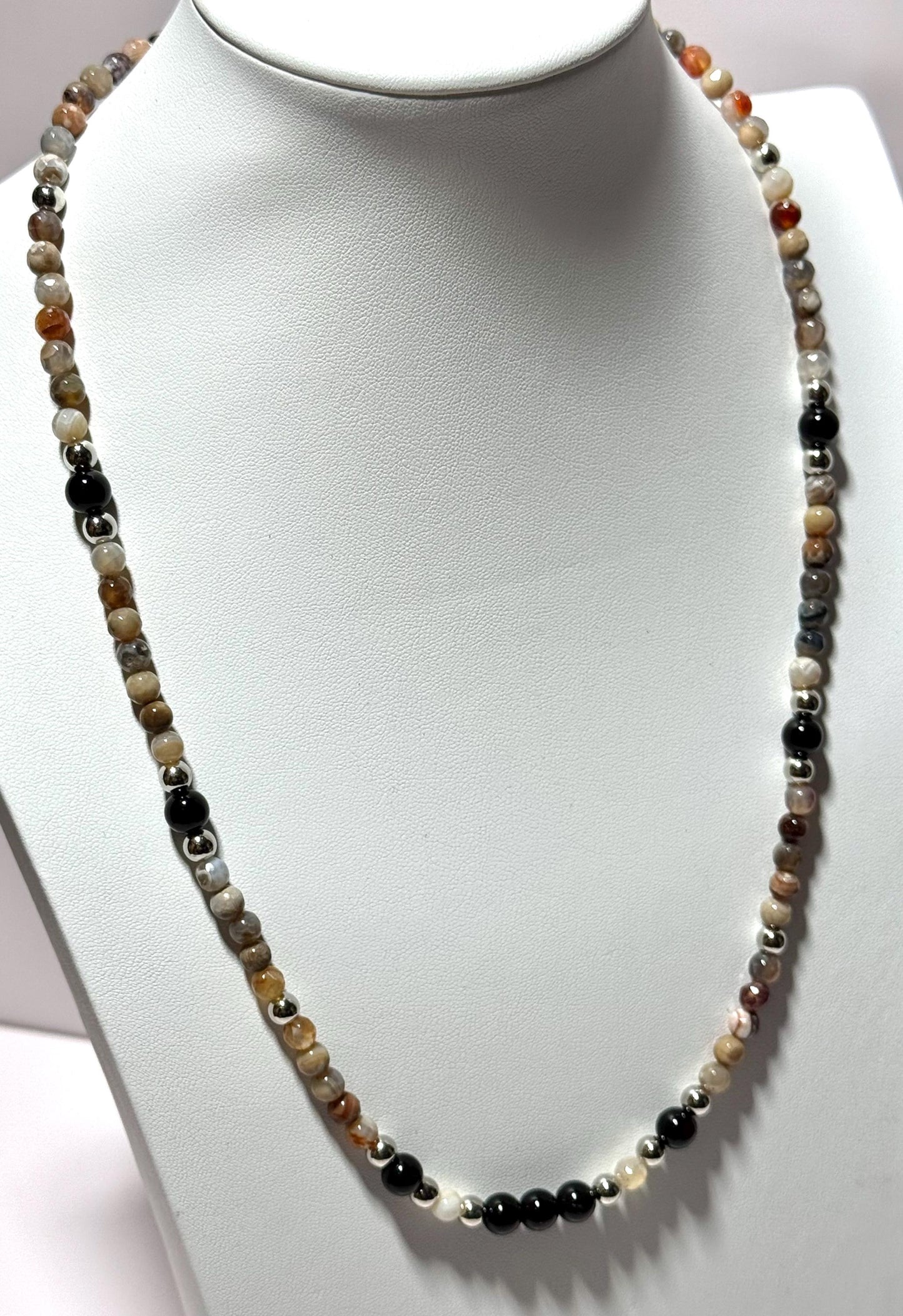 Fire Agate Necklace, Minimalist, Boho, Black Onyx Necklace, Handmade, Gift for Her, 25” Semi Precious Gemstones, Courage, Creativity
