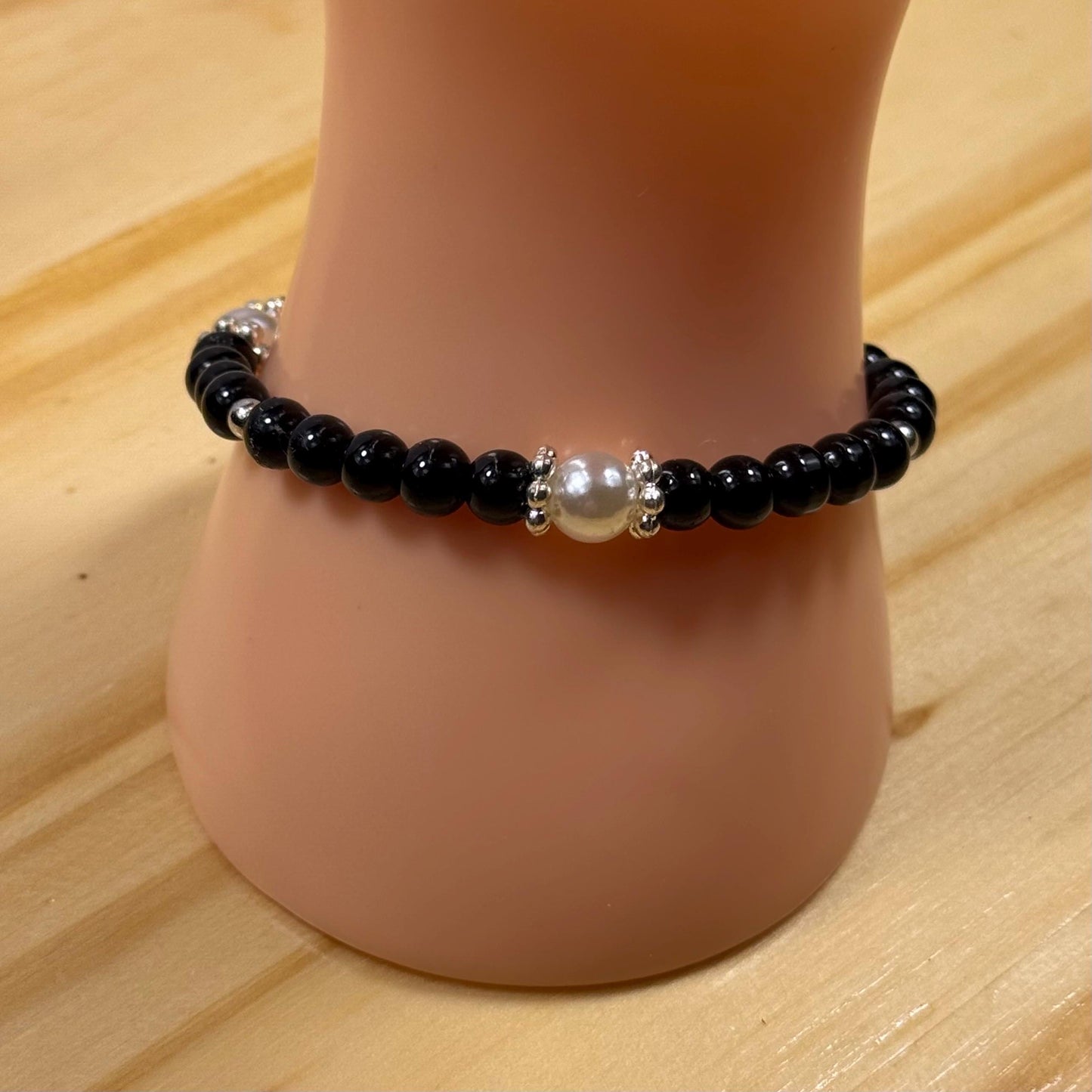 Black Onyx Bracelet, Stretch, Pearl Stretch Bracelet, Dainty, Boho, Gift, 7”, Beaded, Handmade, Confidence New Beginnings Resilience