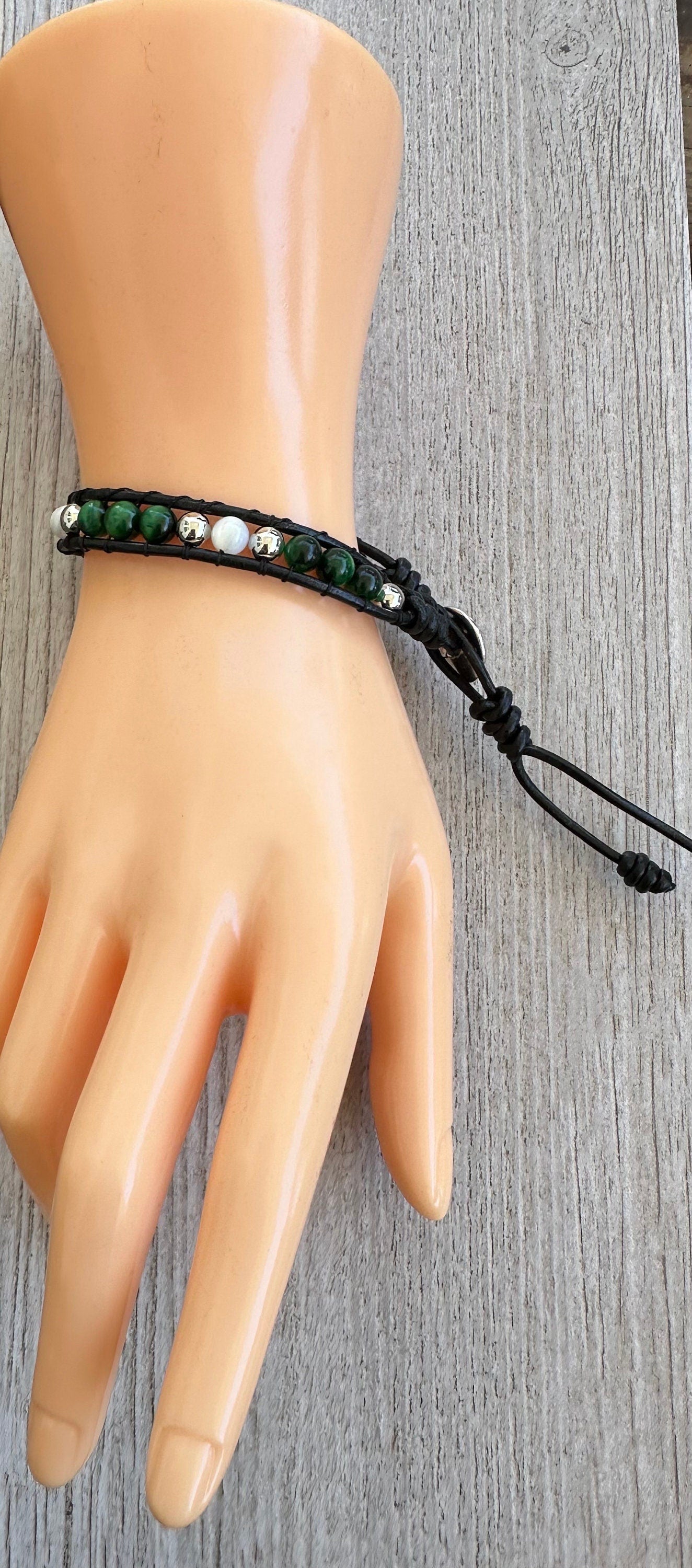 White Mother of Pearl Leather Wrap Bracelet, Boho, Green Tiger Eye Leather Bracelet, Beaded, 7 3/4”-8”  Prosperity