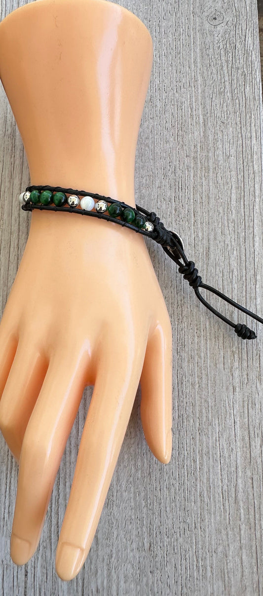 White Mother of Pearl Leather Wrap Bracelet, Boho, Green Tiger Eye Leather Bracelet, Beaded, 7 3/4”-8”  Prosperity