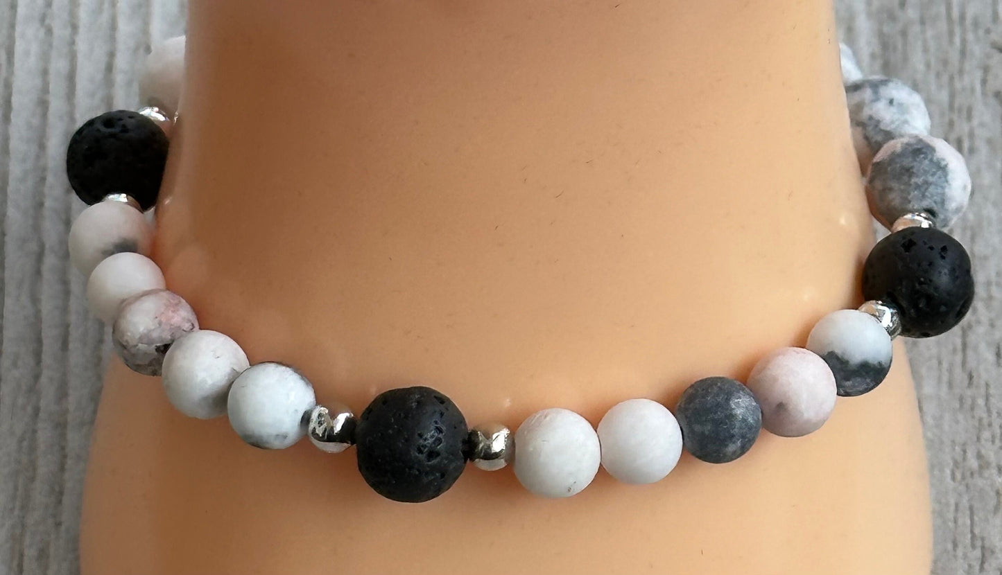 Anxiety Bracelet, Stress Bracelet, Empathy Bracelet, Peace Bracelet, Pink Zebra Jasper Bracelet, Black Lava Bracelet, Essential Oil, 6.5”