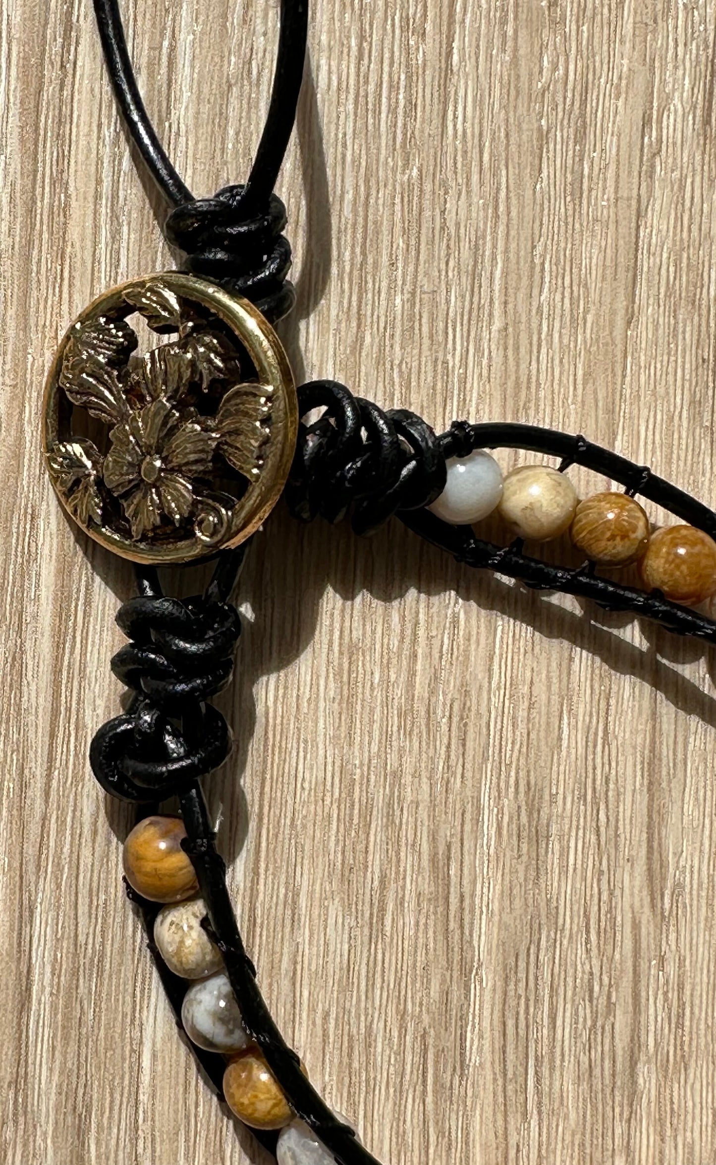 Crazy Lace Agate Bracelet, Black Leather Bracelet, Agate Bracelet, Boho, Minimalist, Snake Knots, Metal Flower Button Closure, Joy 7.5”