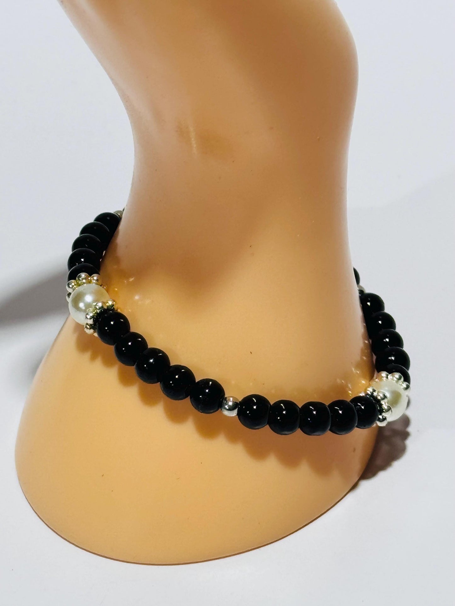 Black Onyx Bracelet, Stretch, Pearl Stretch Bracelet, Dainty, Boho, Gift, 7”, Beaded, Handmade, Confidence New Beginnings Resilience