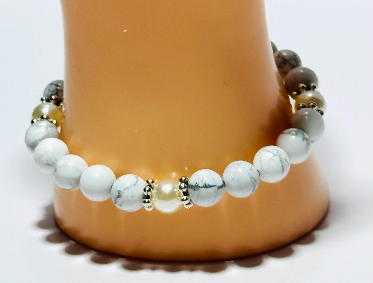 Natural White Howlite Bracelet, Potato Pearl Stretch Bracelet, Boho, Patience, New Beginnings, Resilience, Handmade, Beaded, Gemstones 6 3/4