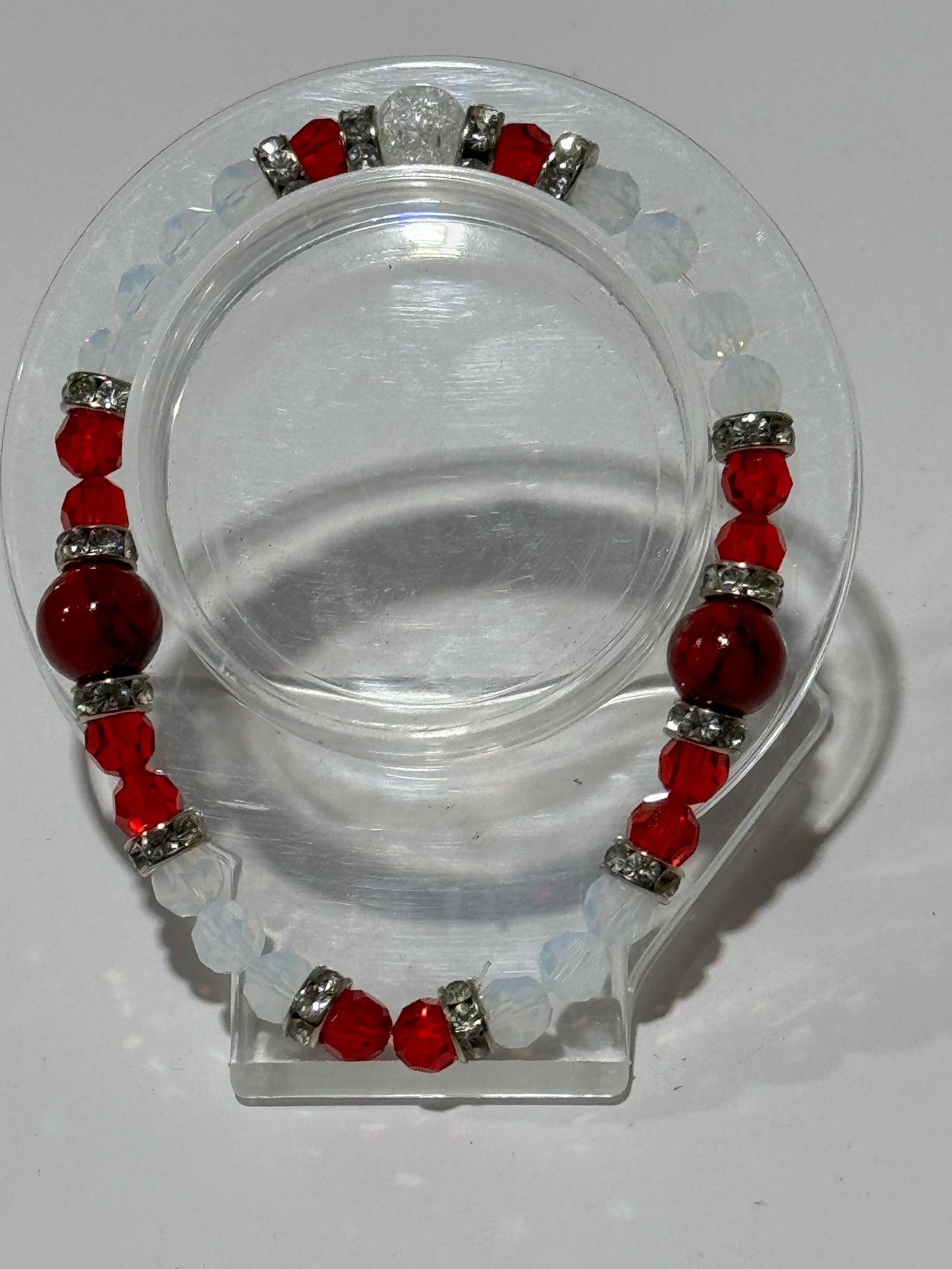 Rhinestone Red Quartzite Bracelet, Stretch Bracelet Handmade Beaded Bracelet, Red & White Faceted Glass Beads - Stacking, Boho, 7 1/2” Gift