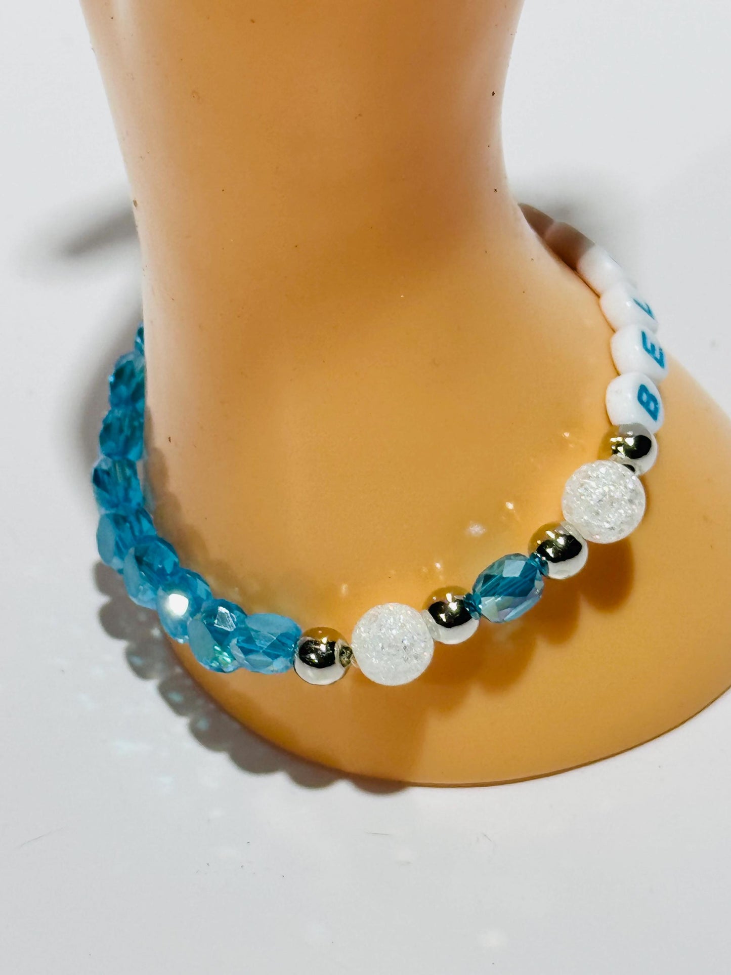 Stretch Believe Charm Bracelet, Crackle Quartz Bracelet, Handmade, Beaded Bracelet, Czech Glass Faceted Beads, Gift 7”