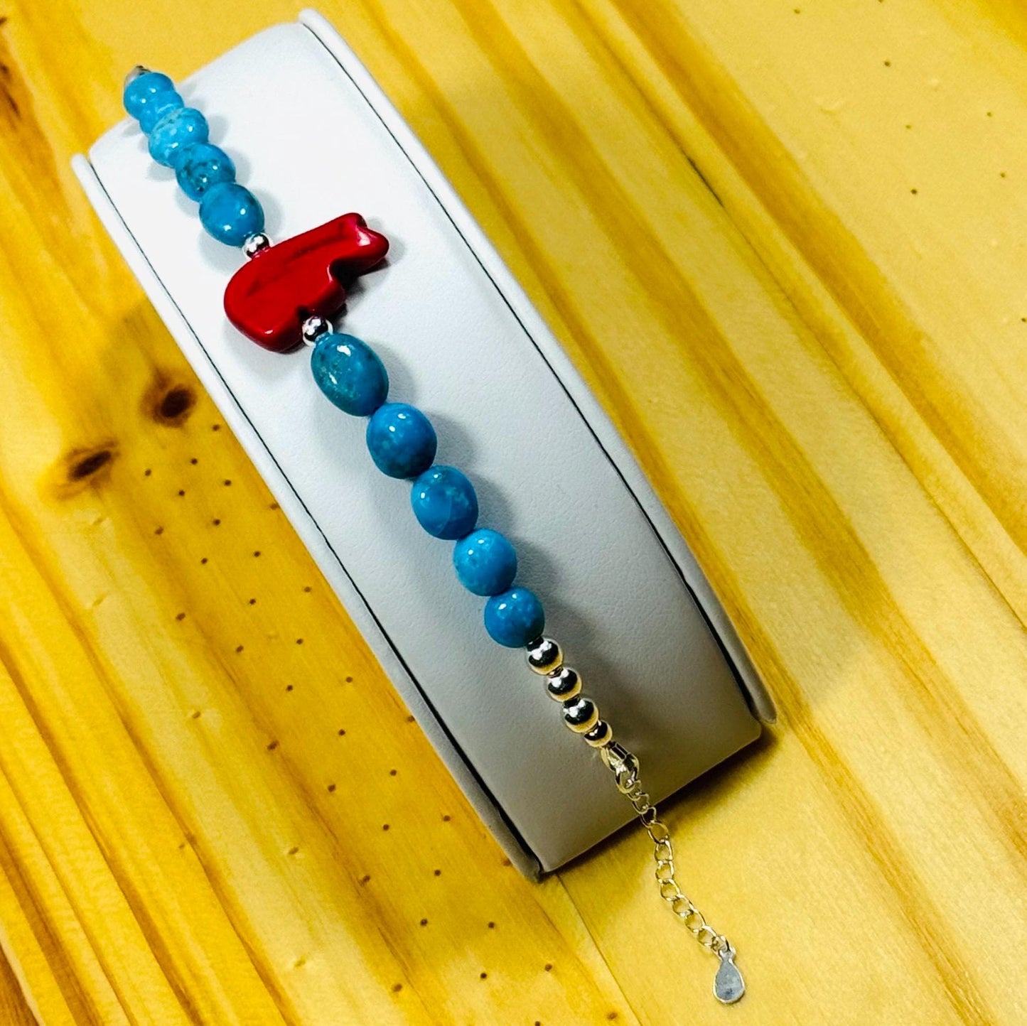Handcrafted 925 Sterling Silver Bracelet – Apple Coral, Howlite-Turquoise Double Carved Stone Bear, Adjustable, Extender Chain 6.25” - 7.5”