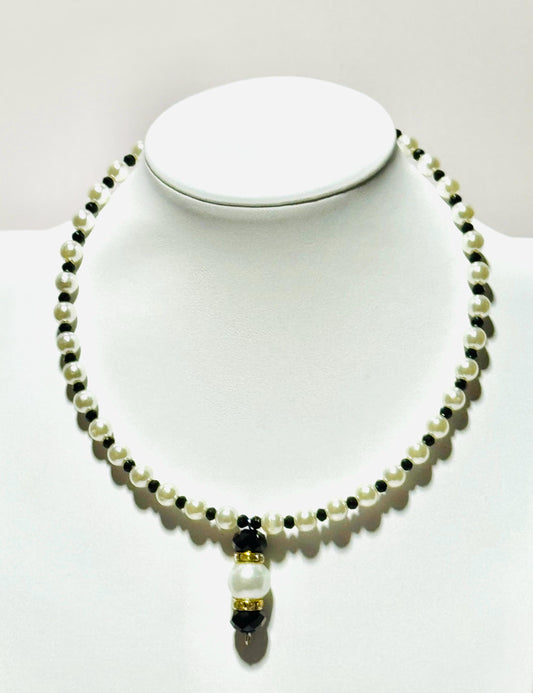 Beaded Pendant Necklace, Pearl Choker Pendant Necklace, Large Pearl & Faceted Black Beads Pendant, Rhinestone Rondelles, 17”, Gift for Her