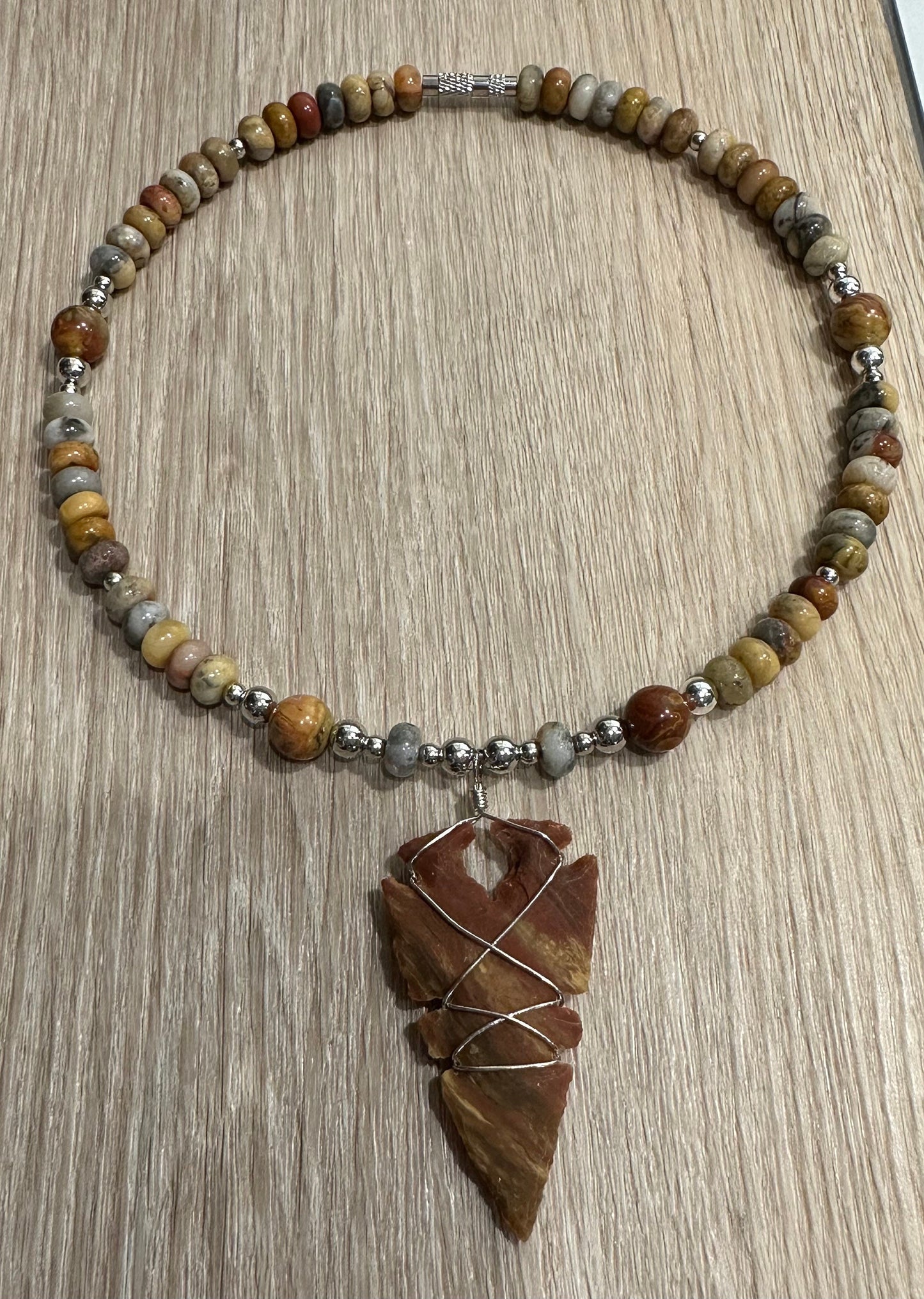 Beaded Pendant Necklace, Gemstone Necklace, Choker Necklace, Flint Arrowhead Pendant, Gift for Her, Agate, 17”, Encouragement