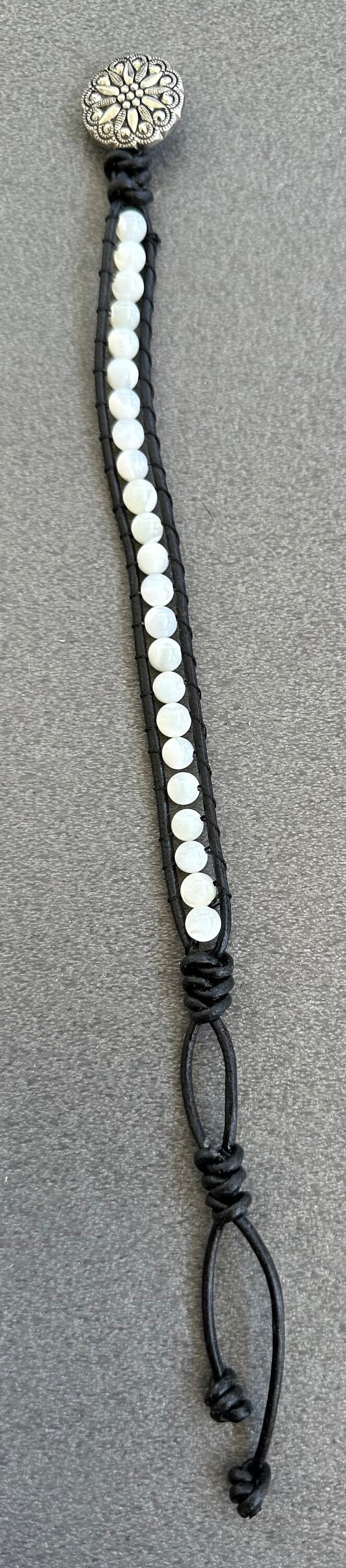 Stunning White Mother of Pearl Shell Black Leather Trim Bracelet 7 3/4” - 8” Wrist Prosperity Courage Grit Energy Gift