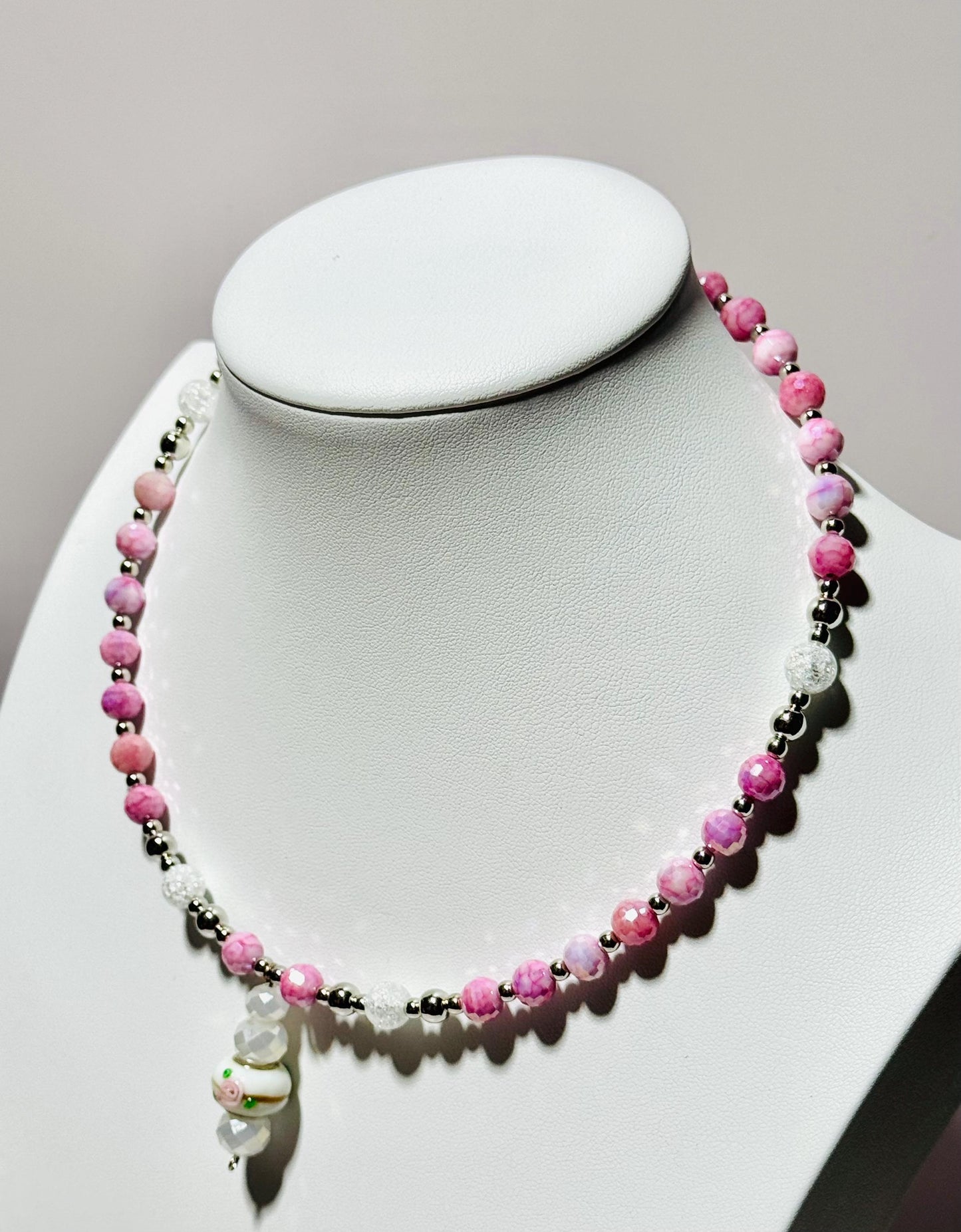 Beaded Pendant Necklace, Pink Choker Pendant Necklace, Rose Lamp Work Bead Pendant with Faceted White Glass Beads, 17”, Gift for Women
