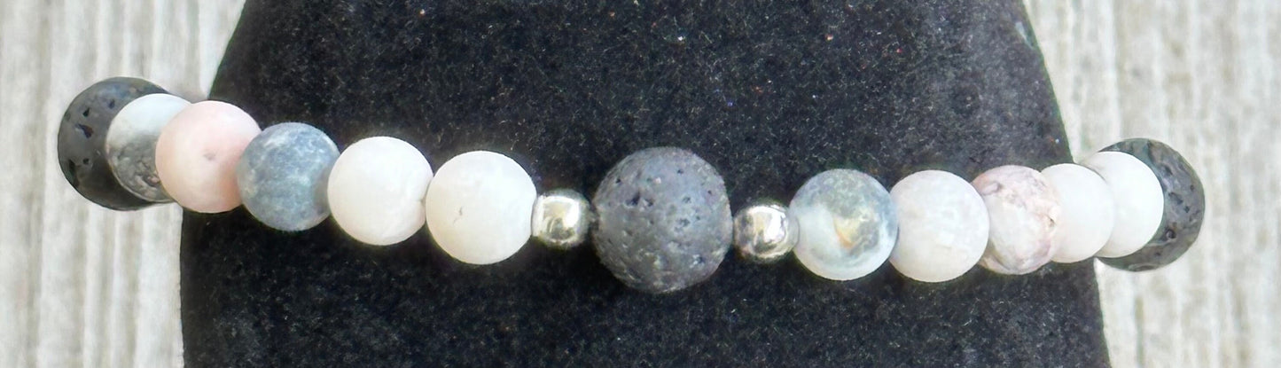 Anxiety Bracelet, Stress Bracelet, Empathy Bracelet, Peace Bracelet, Pink Zebra Jasper Bracelet, Black Lava Bracelet, Essential Oil, 6.5”