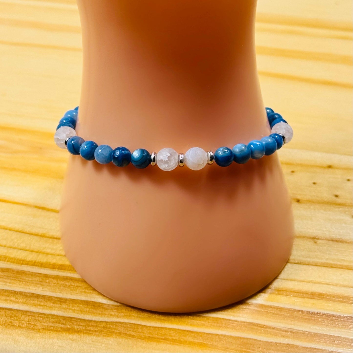 Natural Blue Quartzite Bracelet, Crackle Quartz Bracelet, Stretch, Boho, Minimalist, Dainty, Semi Precious Gemstones 7”, Enhances Reflection