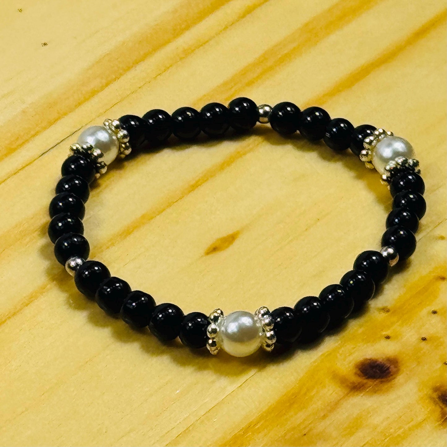 Black Onyx Bracelet, Stretch, Pearl Stretch Bracelet, Dainty, Boho, Gift, 7”, Beaded, Handmade, Confidence New Beginnings Resilience