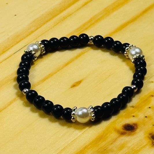 Black Onyx Bracelet, Stretch, Pearl Stretch Bracelet, Dainty, Boho, Gift, 7”, Beaded, Handmade, Confidence New Beginnings Resilience