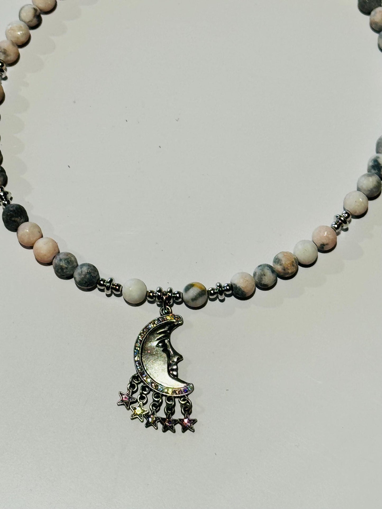 Beaded Pendant Necklace, Gemstone Necklace, Choker Pendant Necklace, Moon and Stars Pendant, Gift For Her, Pink Zebra Jasper, Stability