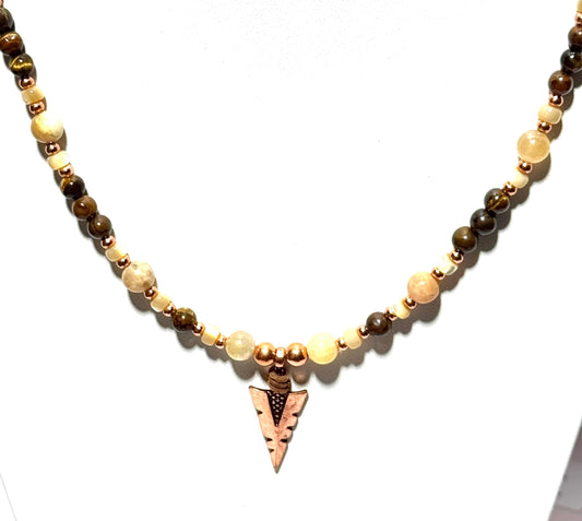 Tiger Eye Pendant Necklace, Arrowhead Pendant Necklace, Minimalist, Boho, Agate Semi Precious Stones, Gift for Her, 21”  Prosperity, Courage