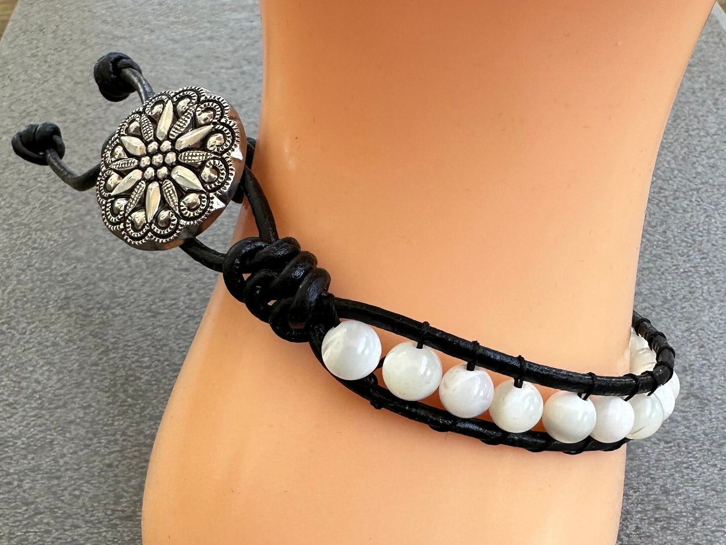 Stunning White Mother of Pearl Shell Black Leather Trim Bracelet 7 3/4” - 8” Wrist Prosperity Courage Grit Energy Gift